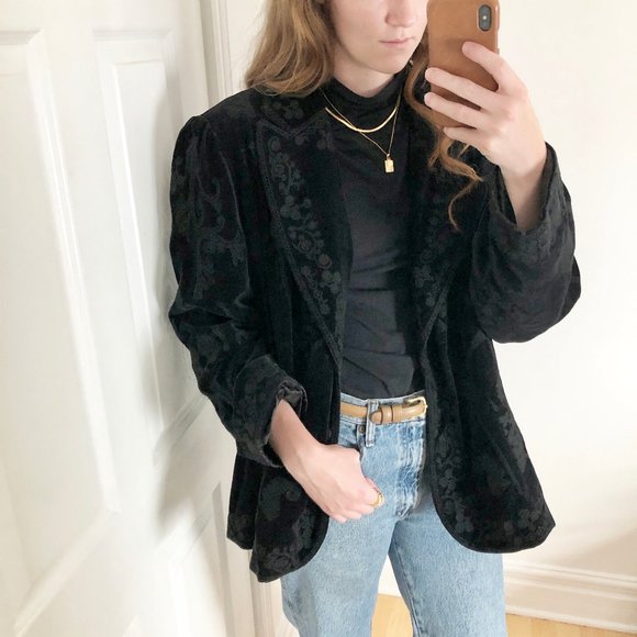 Stunning Vintage Parisian Velvet All Over Floral Embroidery Blazer Jacket Coat